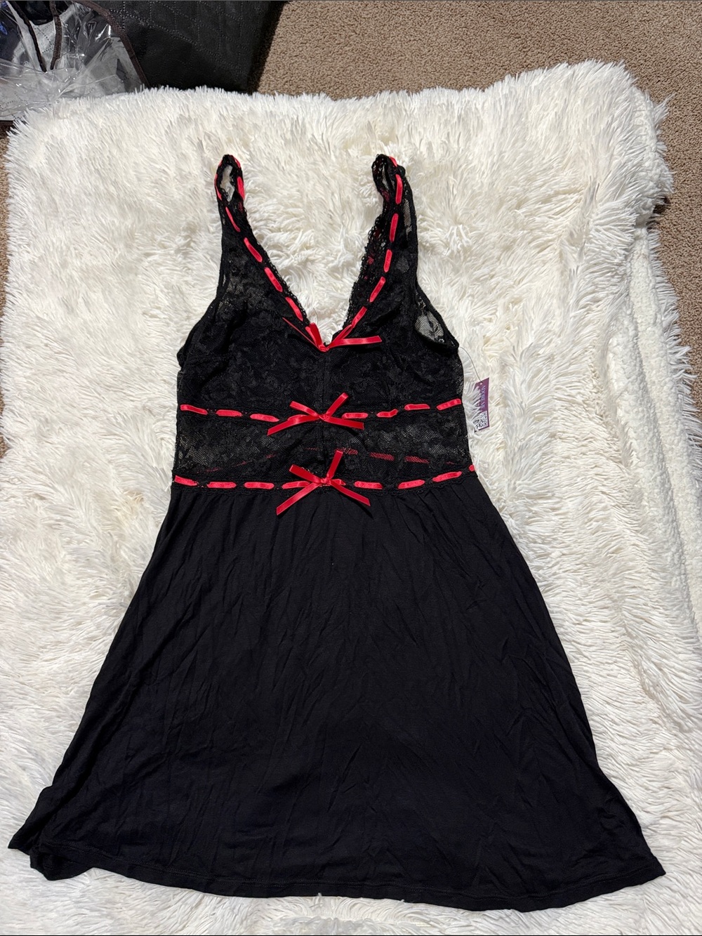 Adore Me Black Chemise with Red Ribbon & Lace Trim